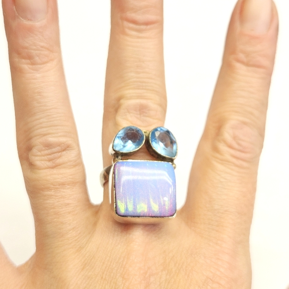 Blue Dichroic Glass Sterling Silver Ring - Picture 7 of 11